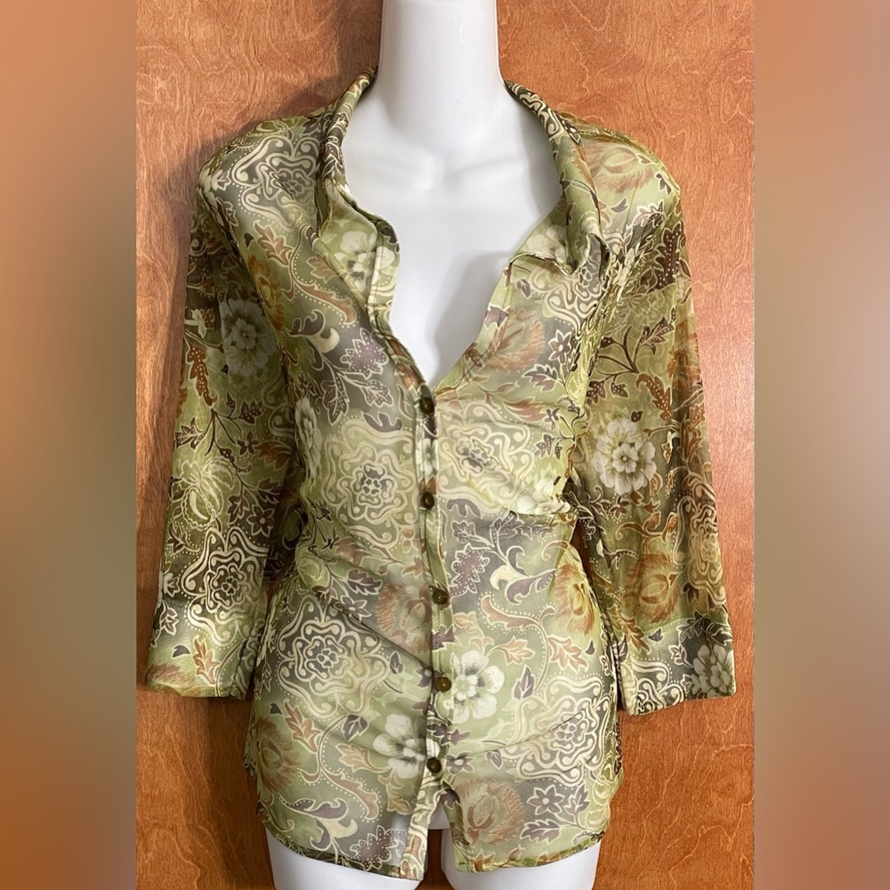 Sheer floral printed button down shirt